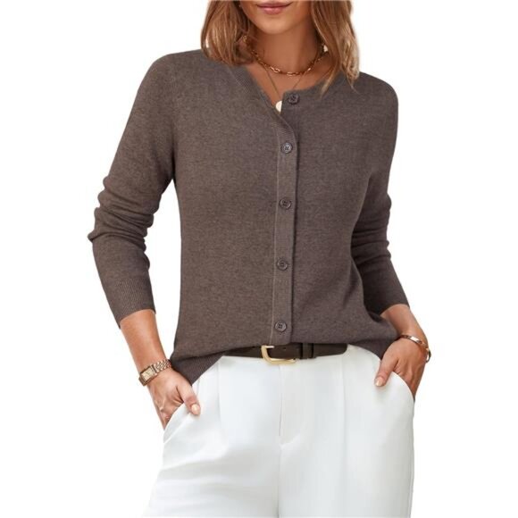 Women's Wool Blended Cardigan Sweaters Lightweight Coffee - Picture 1 of 6